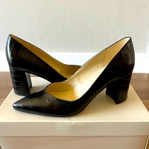 Marc Fisher Caitlin block heel pump. Black leather (croc pattern) Size 8